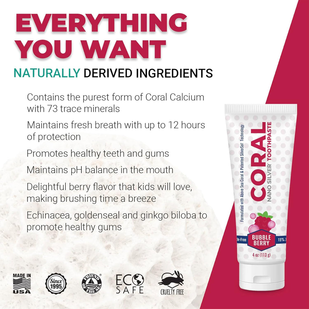 Coral Nano Silver Bubble Berry Kids Toothpaste, Natural Fluoride Free Teeth Whitening Toothpaste, Coral Calcium Nano Silver Infused SLS Free - 4 Ounces (4 Pack)