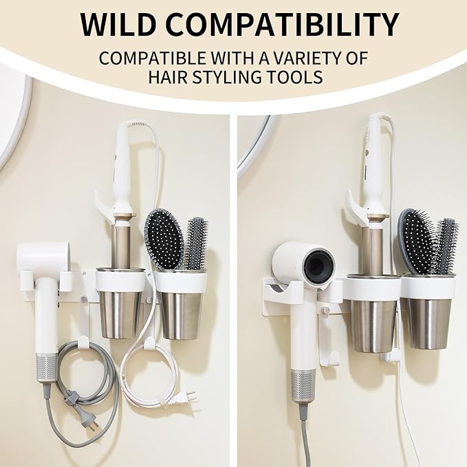Hair Tool Organizer, Hot Tools Organizer Wall Mount White, Aluminum Hair Tool Organizer Wall Mount, Wall Mounted Hot Tool Organizer with 2 Stainless Steel Cups for Bathroom & Vanity Storage CHOCHYAH