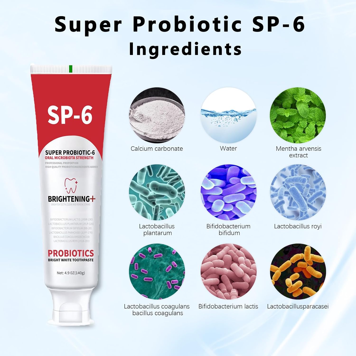 SP-6 Probiotic Brightening Toothpaste,Super Probiotic-SP-6 Fluoride-Free Toothpaste for Sensitive Teeth, Gentle Mint, Fresh Breath,Daily Use for Oral Health 140g/4.9oz (1 Pcs)