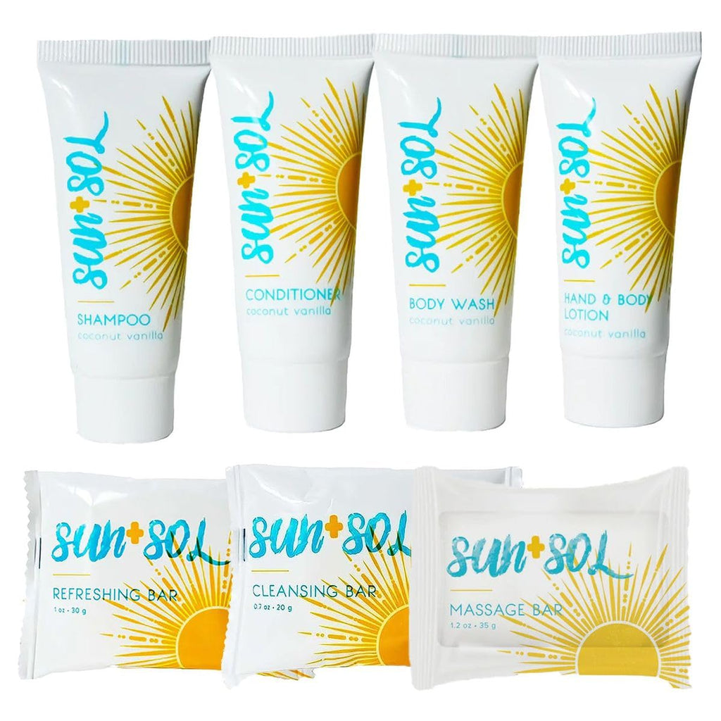 World Amenities Sun+Sol Mini Travel Size Hotel Toiletries Bathroom Kit - Case of 25 Sets - Warm Coconut & Vanilla - Shampoo, Conditioner, Body Wash, Lotion, Cleansing Bar, Soap Bar
