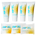 World Amenities Sun+Sol Mini Travel Size Hotel Toiletries Bathroom Kit - Case of 25 Sets - Warm Coconut & Vanilla - Shampoo, Conditioner, Body Wash, Lotion, Cleansing Bar, Soap Bar