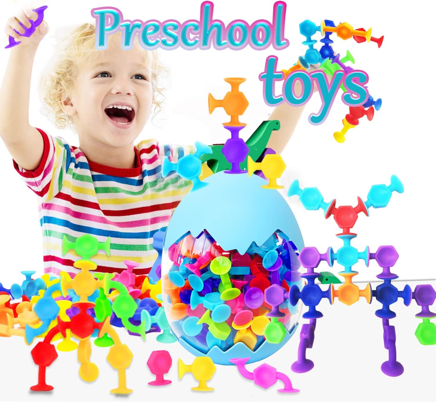 100pcs Suction Bath Toys for Baby Kids, Bath Toy Silicone Construction Building Blocks Montessori Sensory Toy for 3 4 5 6 7 8 Years Old Toddlers Boys Girls with Egg Storage…