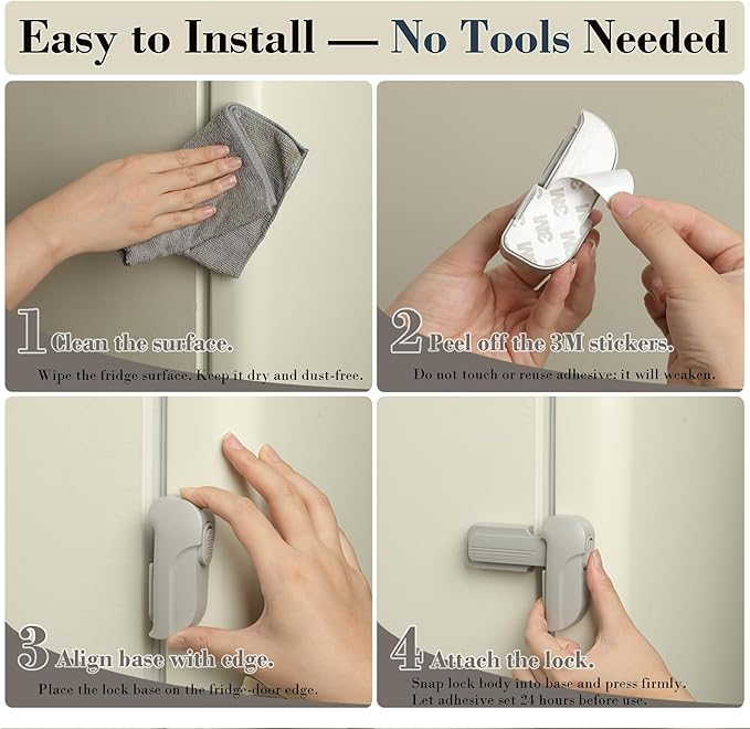 2 Pack Child Proof Fridge Lock, Baby Safety Refrigerator & Freezer Door Lock for Toddlers, Kids & Pets, One-Hand Operation, Strong Adhesive, No Tools or Drilling Needed, Gray