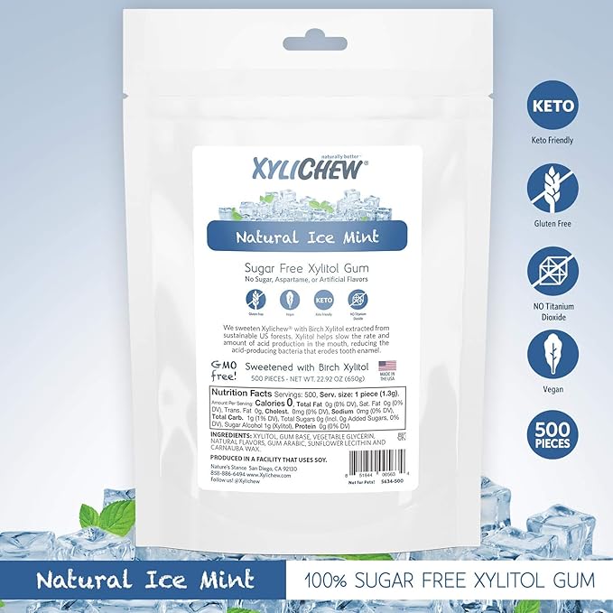 Xylichew 100% Xylitol Chewing Gum - Non GMO, Non Aspartame, Gluten Free, and Sugar Free Gum - Natural Oral Care, Relieves Bad Breath and Dry Mouth - Ice Mint, 500 Count