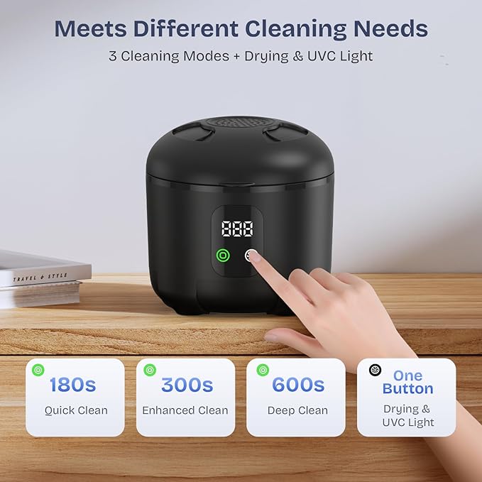 2025 Ultrasonic Retainer Cleaner- 45KHz 25W Portable Denture Cleaner with Drying Function and Removable Inner for Dentures, Mouth Guards, Aligners, Jewelry and More (Black)