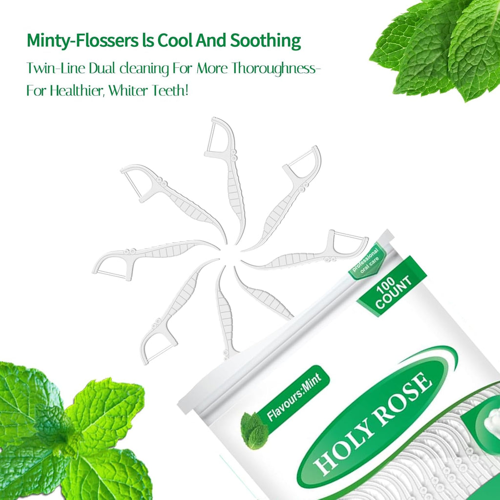 Dual-Line Dental Floss Picks, with Handle Flossers Toothpick ，Selected Floss Sticks 300 Count White，Ergonomic Dental Floss Holder, Mint Flavor,Double Cleaning Effect