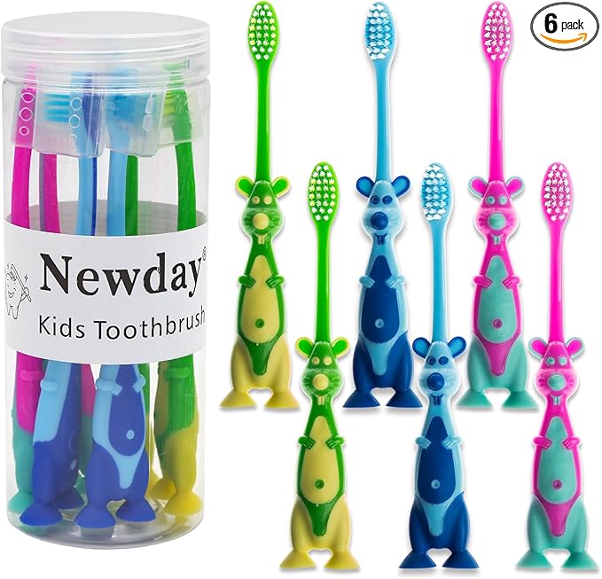 Newday Kids toothbrushes 6 Pack Set Soft Bristles Fun Lovely with Suction Cup, Includes Travel Covers, Animal toothbrushes for Kids Boys & Girls, Toddlers &Children Teeth Age 3+