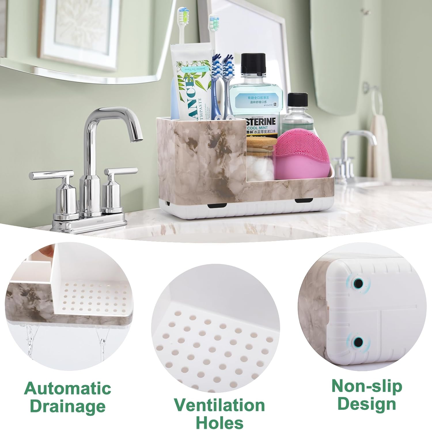 Toothbrush Holders for Bathroom Countertop Organizer, Kids Electric Toothbrush and Toothpaste Holder for Bathroom Organizers and Storage (White Marble Grain)