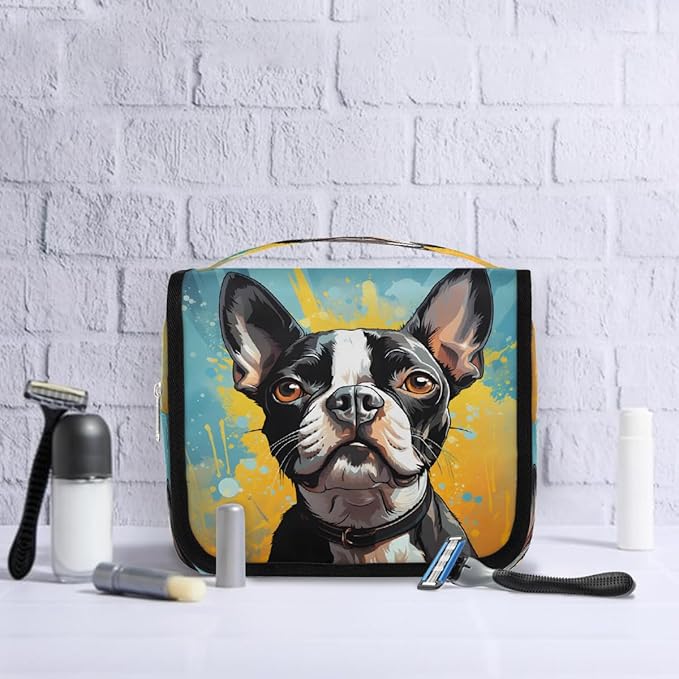 Hanging Toiletry Bag for Women Men Travel Boston Terrier Dog Art Painting Makeup Organizer with Compartments, Waterproof Portable Cosmetic Bag with Hook and Handle