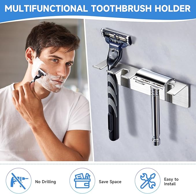 Toothbrush Holders Wall Mounted, Stainless Steel Toothbrush Holder, Electric Toothbrush Holder for Bathroom, Adhesive Toothbrush Organizer, Electric Toothbrush Head Holder, Razor Holder for Shower