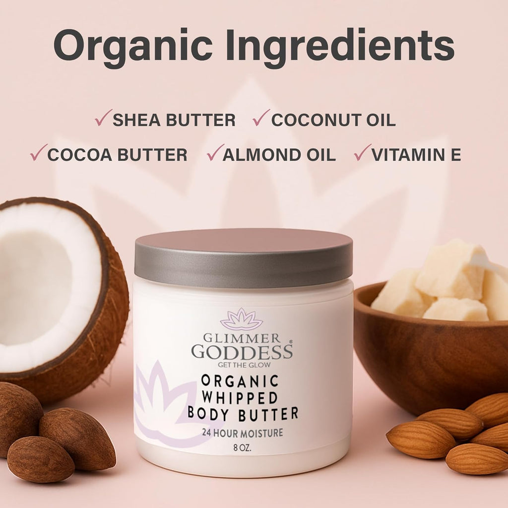 Glimmer Goddess Organic Whipped Body Butter for Women - Moisturizer Cream with Shea & Cocoa Butter, Almonds & Coconut Oil - Rosemary Mint Body Butter, 8oz