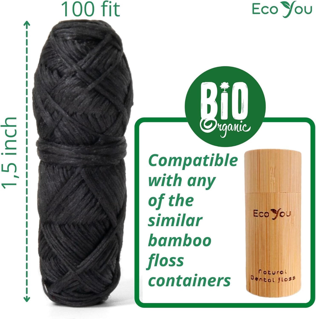 Charcoal Bamboo Floss | 2 Natural Floss Refill with Bamboo Container | Organic Mint & Candelilla Wax | Vegan & Biodegradable | Compatible with Similar Size Dental Silk Containers