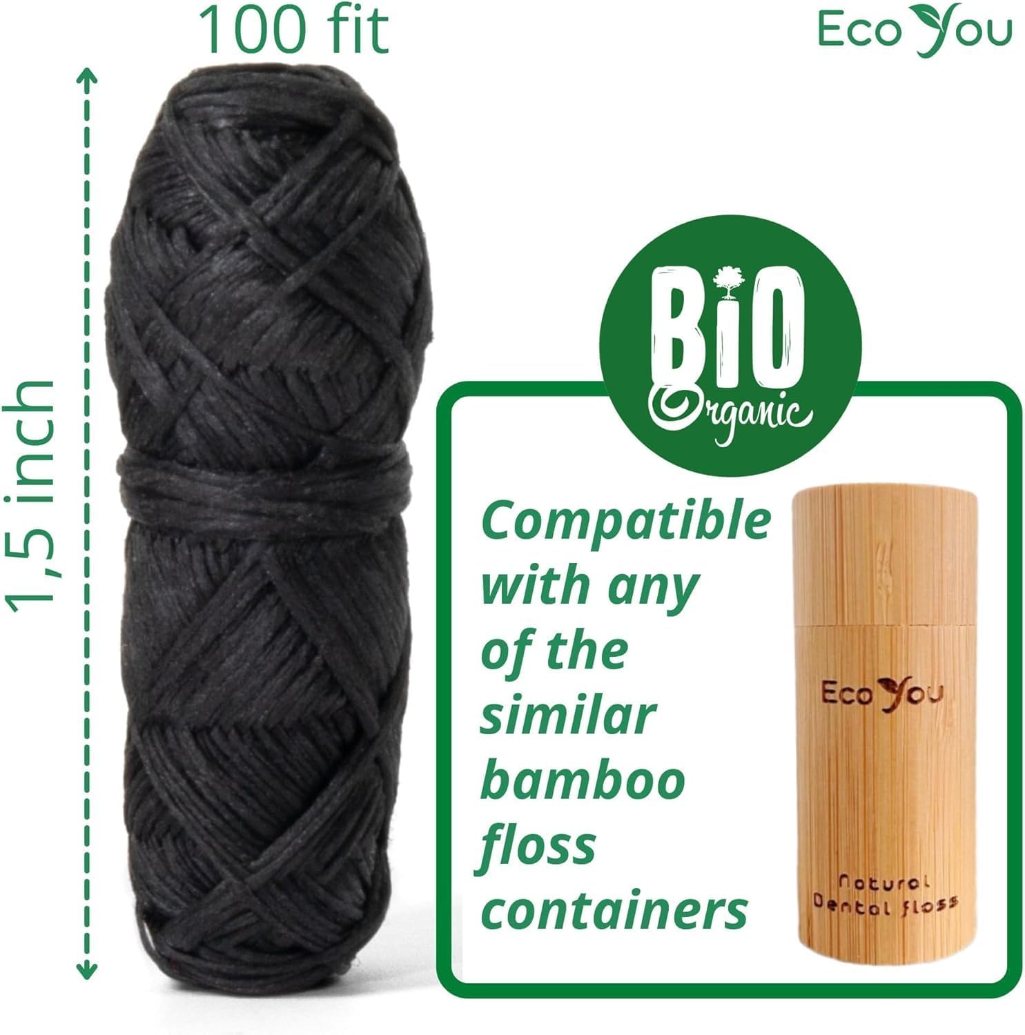 Charcoal Bamboo Floss | 2 Natural Floss Refill with Bamboo Container | Organic Mint & Candelilla Wax | Vegan & Biodegradable | Compatible with Similar Size Dental Silk Containers