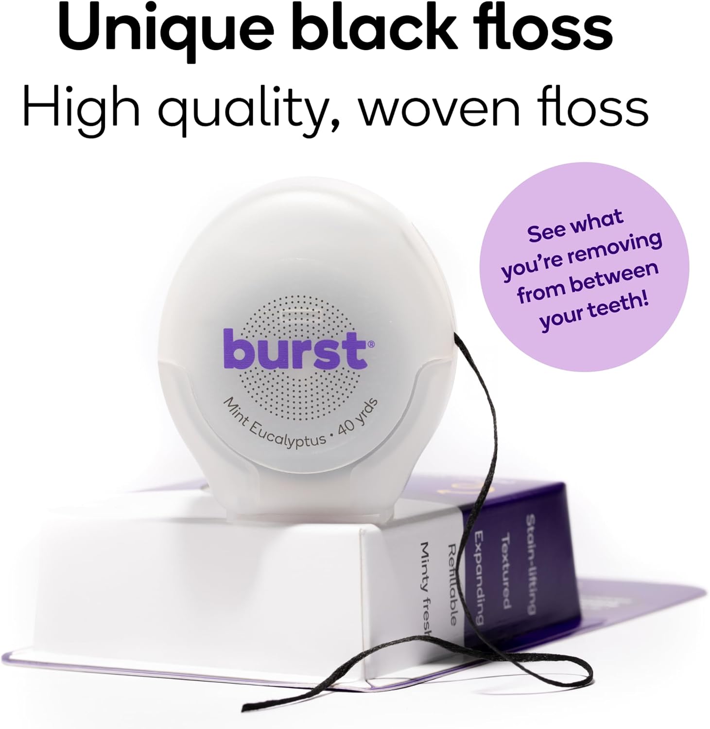 BURST Expanding Dental Floss (Mint Eucalyptus/40 Yards) | Stain Absorbing & Woven Tooth Floss with Xylitol Coating to Fight Cavities | Vegan | Paraben Free Expanding Floss
