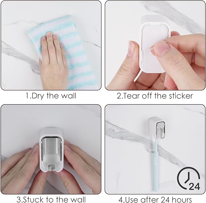 4 Pack Toothbrush Holders for Bathrooms Shower, Wall Mount Toothbrush Organizer with Cover, Self Adhesive Electric Toothbrush Storage, Quick Dry Toothbrush Hanger (Grey)