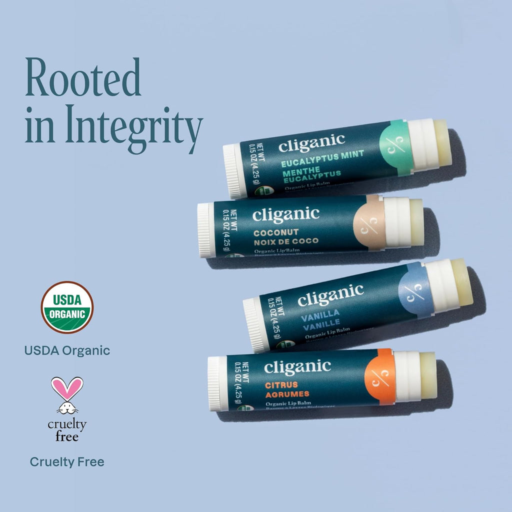 Cliganic Organic Lip Balm Set - 4 Flavors - Natural Hydrating for Cracked & Dry Lips