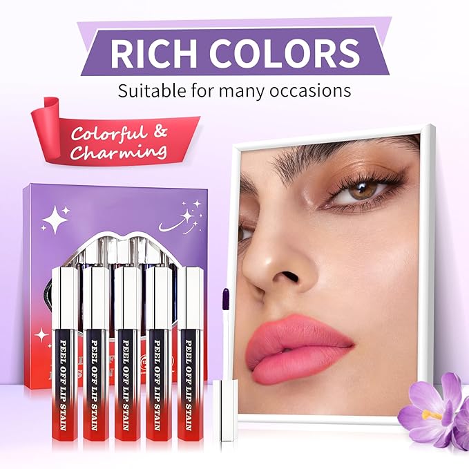 CAHIUYOA 5PCS Lip Stain Peel Off Lip Liner Stain,Matte Lip Tint Stain Peel Off Liquid Lipstick Long Lasting Waterproof Lipstain Makeup Set Gift for Women