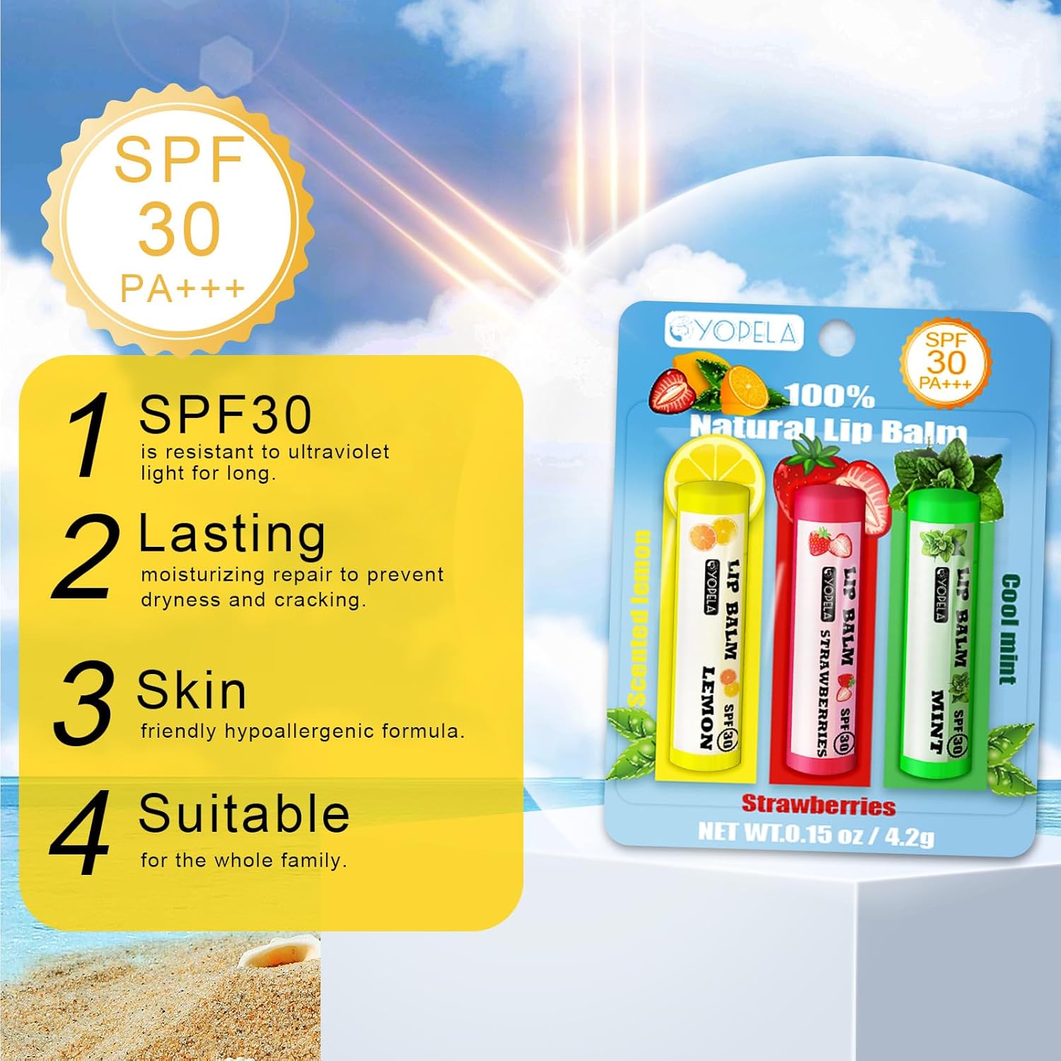 YOPELA 3 Pack SPF Lip Balm Bulk - SPF 30 SunGuard Lip Balm Sunscreen- Summer Protection for Lasting Hydration UV Defense Prevents and Soothes Dry, Chapped Lips Valentine's Gift-3 Delicious Flavors