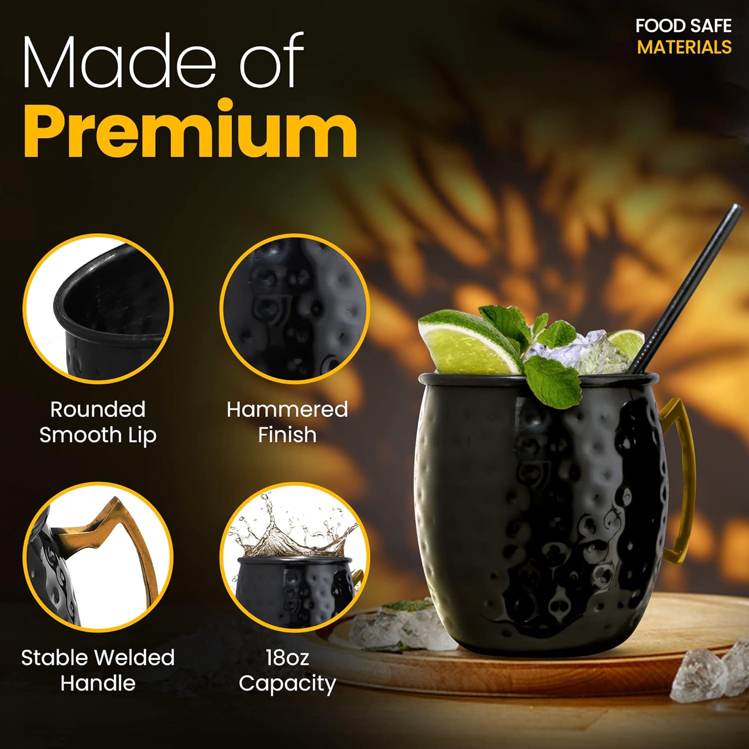 Artisan's Anvil Moscow Mule Mugs with Straws, Comfortable Brass Handle, Stainless Steel Made, Original Hammered Shape, Glossy Black Nickel Plated, Set of 2