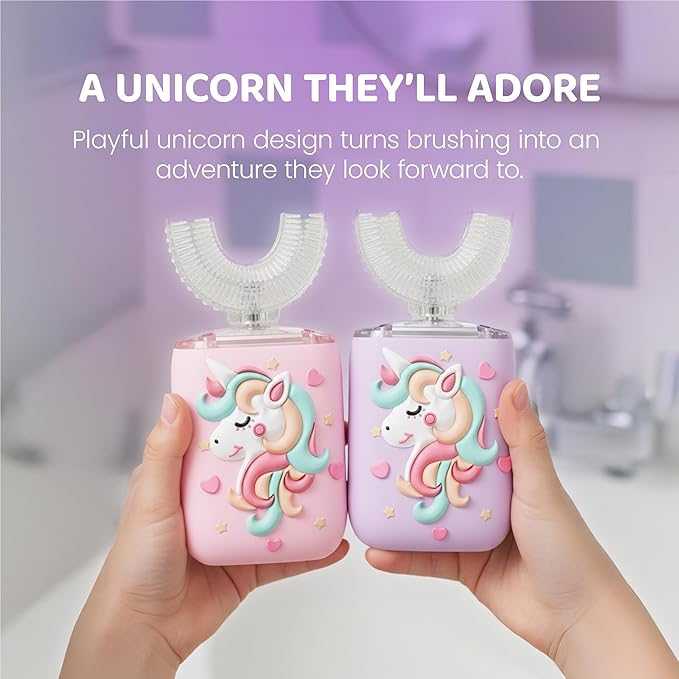 Well Before Ultrasonic Kid's U-Shaped Electric Toothbrush, IPX7 Waterproof, Five Cleaning Modes (Unicorn, Pink Ages 2-7)