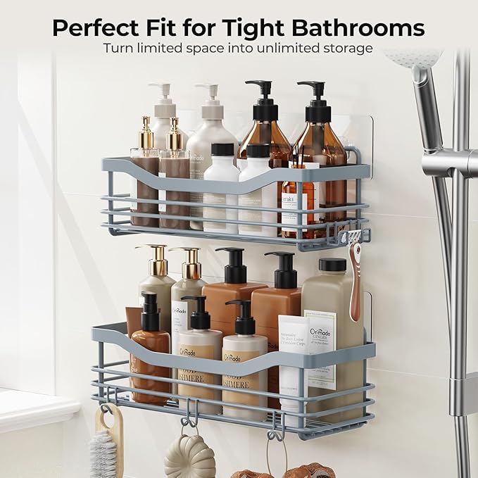 Orimade Shower Caddy Basket Shelf Storage Rack, No Drilling Wall Mounted Adhesive Rust Proof Stainless Steel Shower Organizer with 5 Hooks for Bathroom, Light Blue Grey 2 Pack