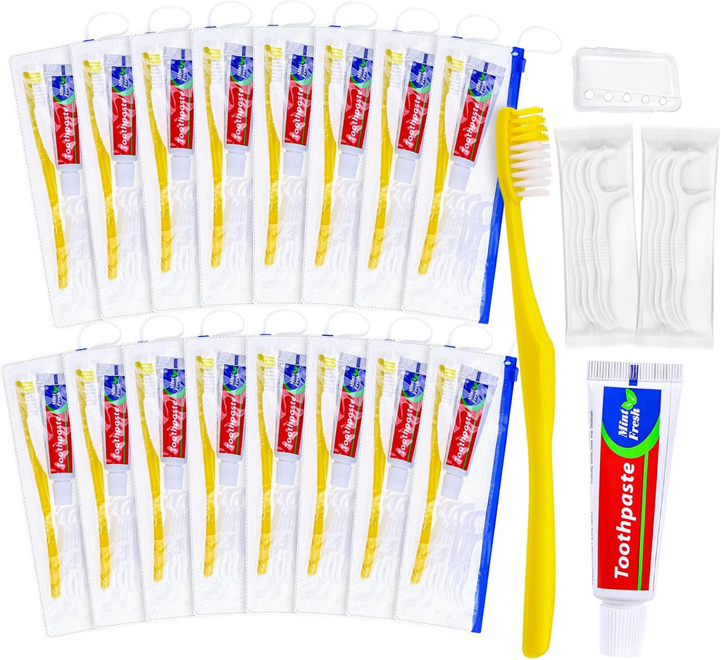 10 pcs Disposable Toothbrushes with Toothpaste and Floss Set,Yellow Individually Wrapped Bulk Single Use Toothbrush Floss Cover Travel Toothbrushes Kit with Zip Bag for Homeless,Hotel,Guest