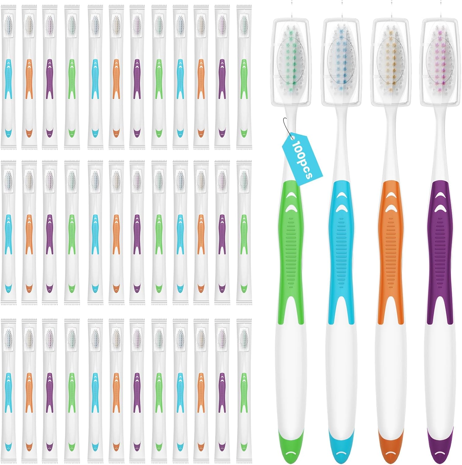 100 Bulk Toothbrushes Pack with Covers, Individually Wrapped Tooth Brushes for Adults & Kids, Disposable Toothbrush for Travel, Donations, Hotels, Medium Soft Toothbrushes with Hygienic Cap