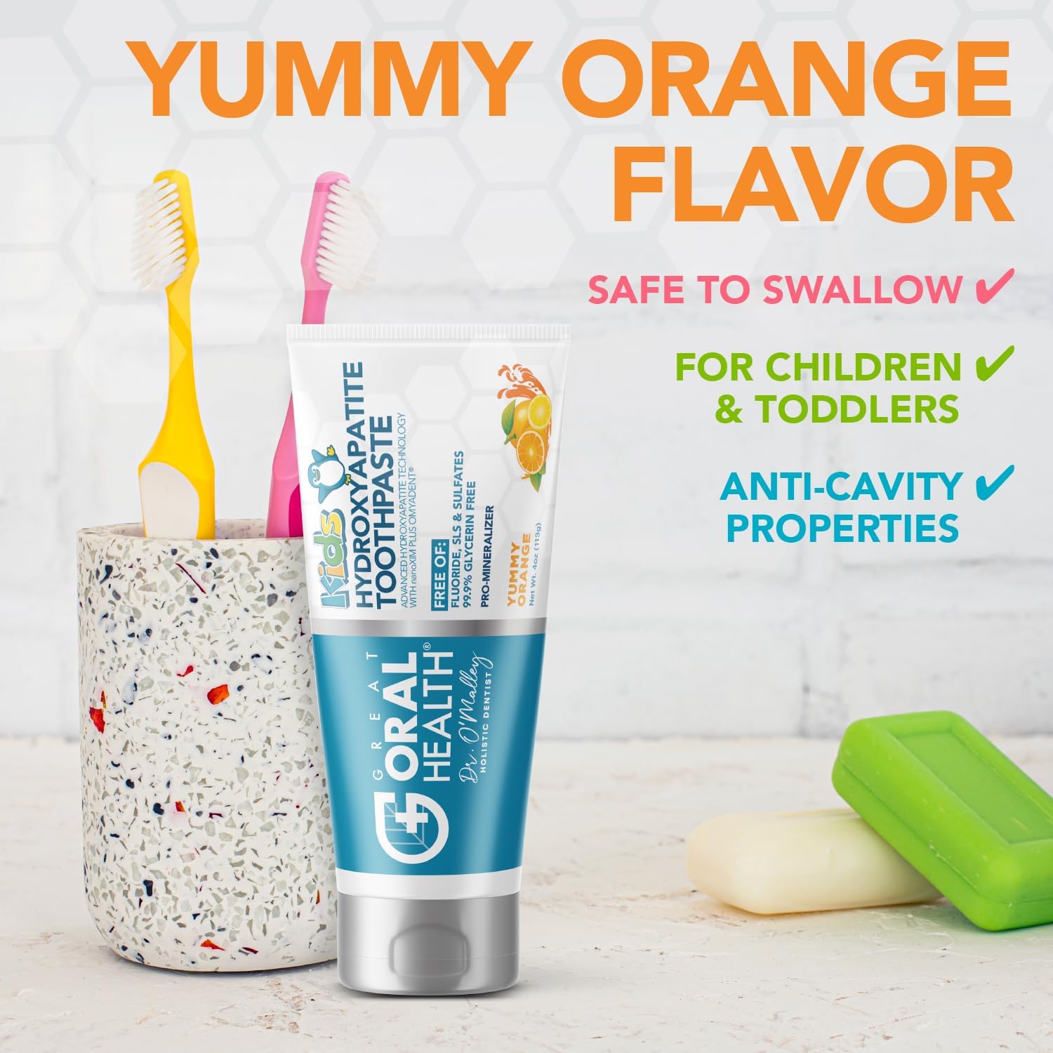Kids Toothpaste No Fluoride; Non-Toxic Remineralizing Nano Hydroxyapatite Toothpaste Made by Dentist with Xylitol for kids Cavity Protection & Gums, Safe to swallow for Children/Toddlers, Yummy Orange