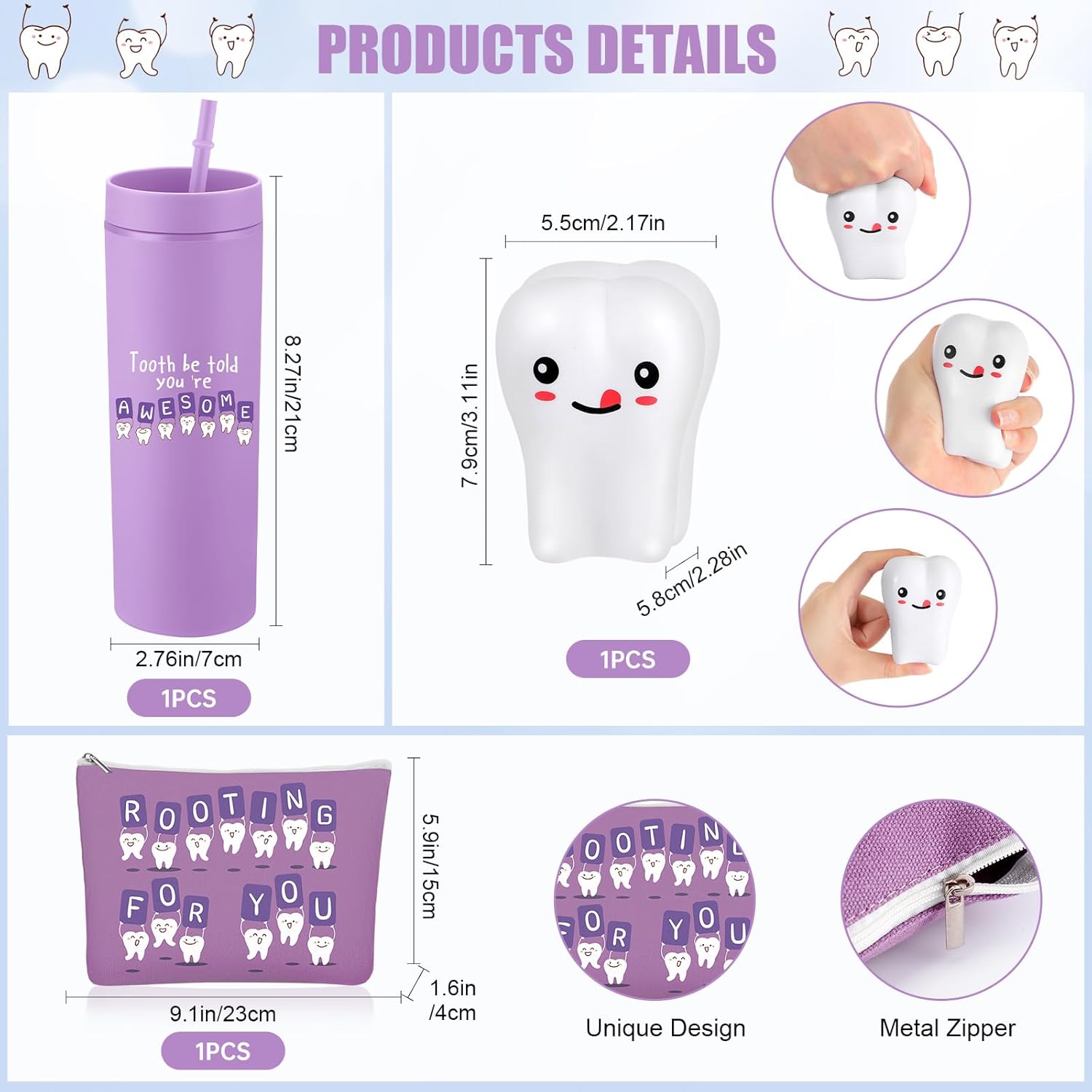 Skylety 3 Pcs Dental Hygiene Month Gifts Dental Assistant Hygienist Appreciation Gift 16oz Tumbler with Lid Cute Teeth Makeup Bag Stress Toy Employee Thank You Dentist Coworker Nurse Student(Purple)