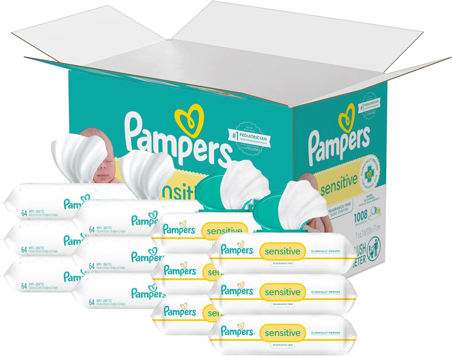 Pampers Sensitive Baby Wipes, Water Based, Hypoallergenic and Unscented, 8 Flip-Top Packs, 4 Refill Packs (1008 Wipes Total)
