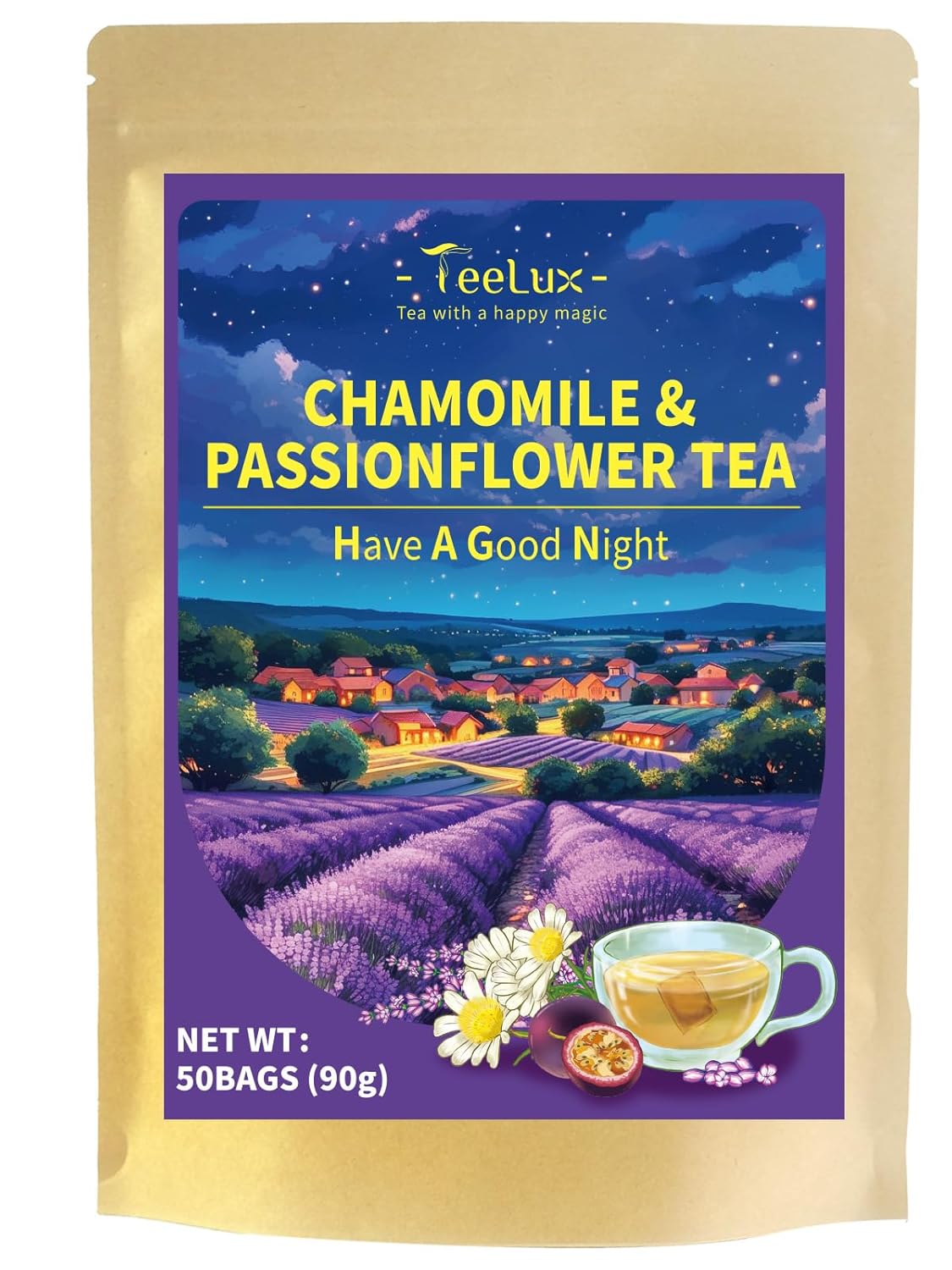 TeeLux Chamomile Passionflower Tea, Caffeine Free Tea with Lemon Balm, Spearmint, Valerian Root, Lavender, Soothing & Smooth Taste, 50 Count