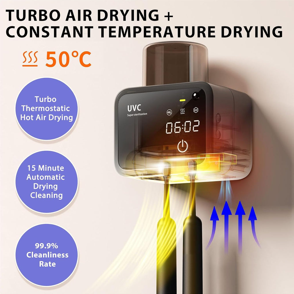 Bathroom Toothbrush Holders-2 Slots 1 Cup,Electric Toothbrush Holder with Constant Temperature Drying, Timed Cleaning, Air Drying, Rechargeable Wall-Mounted Toothbrush Holder with 4000mAh (Black)