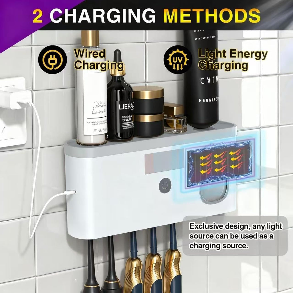 Wall Mounted Toothbrush Holder with Toothpaste Dispenser Electric Toothbrush Holder for Bathroom Solar Charging and No Drilling Required Smart Toothbrush Organizer with 5 Brush Slots