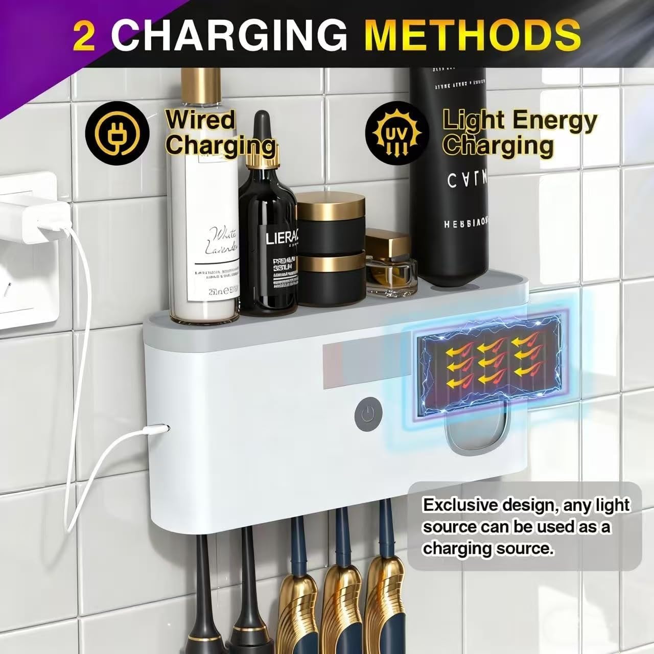 Wall Mounted Toothbrush Holder with Toothpaste Dispenser Electric Toothbrush Holder for Bathroom Solar Charging and No Drilling Required Smart Toothbrush Organizer with 5 Brush Slots
