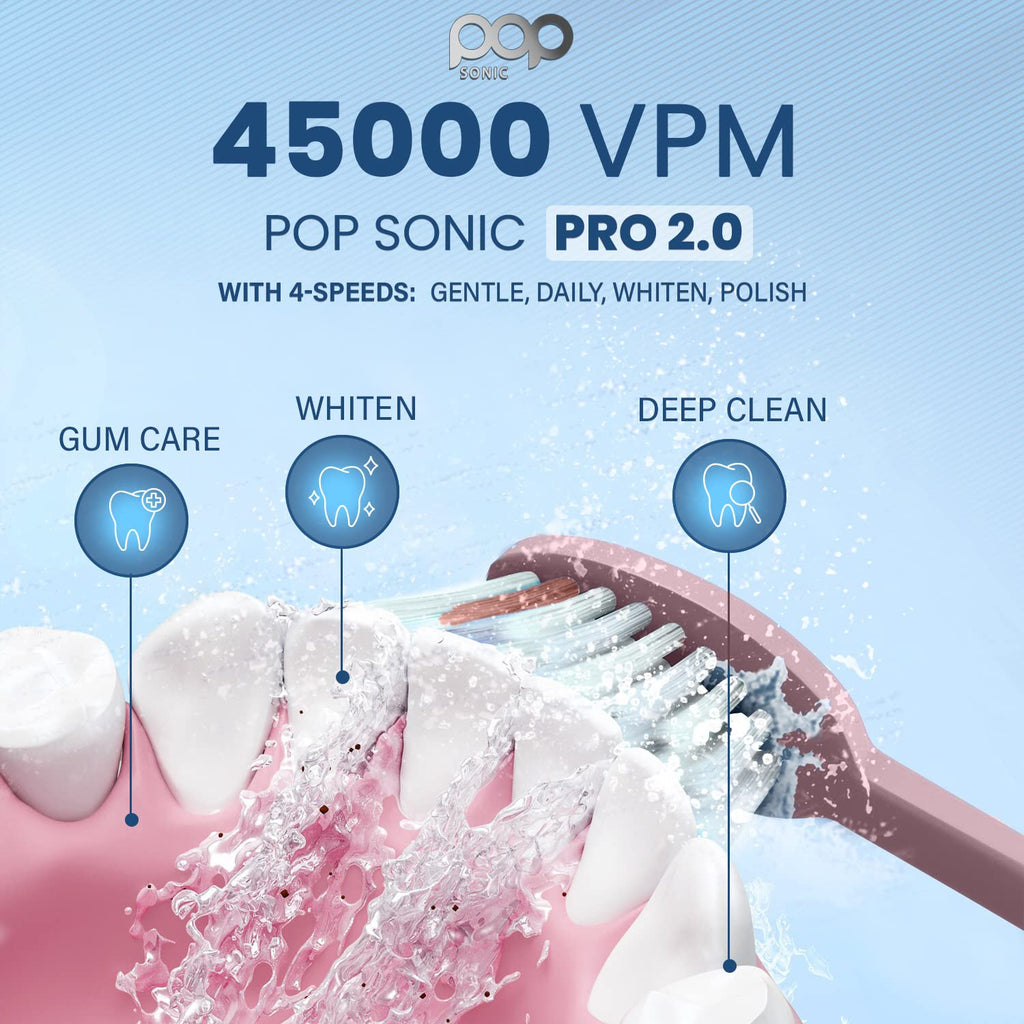 Pop Sonic Pro 2.0 Electric Toothbrush (Pink) Rechargeable Sonic Toothbrush with 45,000 Vibrations Per Minute & 4 Cleaning Modes for Adults & Kids with Long Lasting Dupont Nylon Bristles