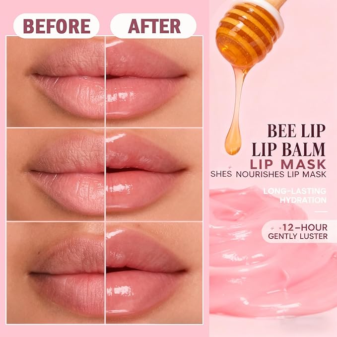 8 PCS Bee Lip Balm Honey Pot, Strawberry, Watermelon, Apple Lime, Cherry, Mint, Grapes & Peach Flavors Honey Sleeping Lip Balm Bulk, Moisturizing Lip Mask Overnight Reduces Lip Lines, Cracked Lip Care