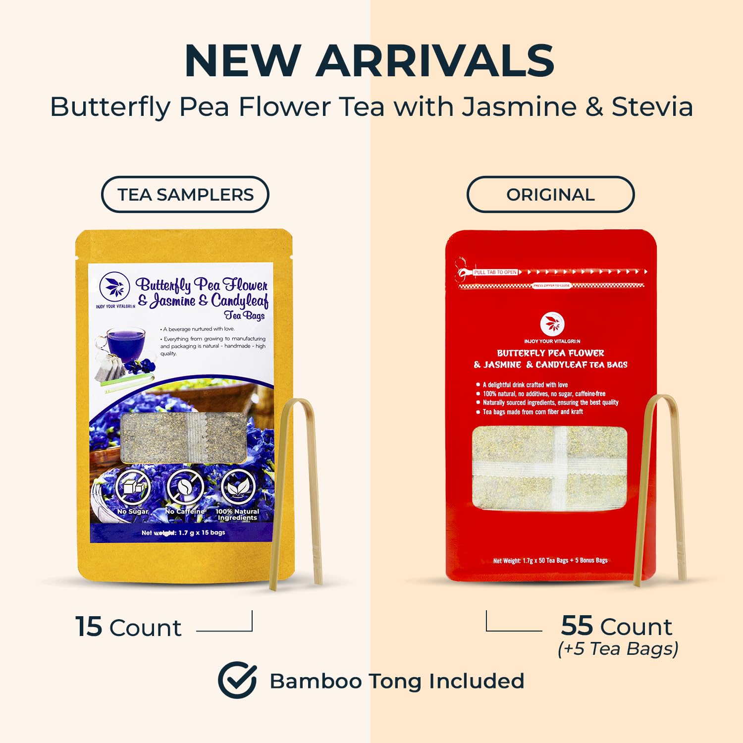 Butterfly Pea Flower Tea Samplers with Jasmine & Stevia - 15 Count, Mini Tea Bags, Bamboo Tong Included, No Sugar Added, Re-Steep Natural Herbal Tea Blend for Skin,Support