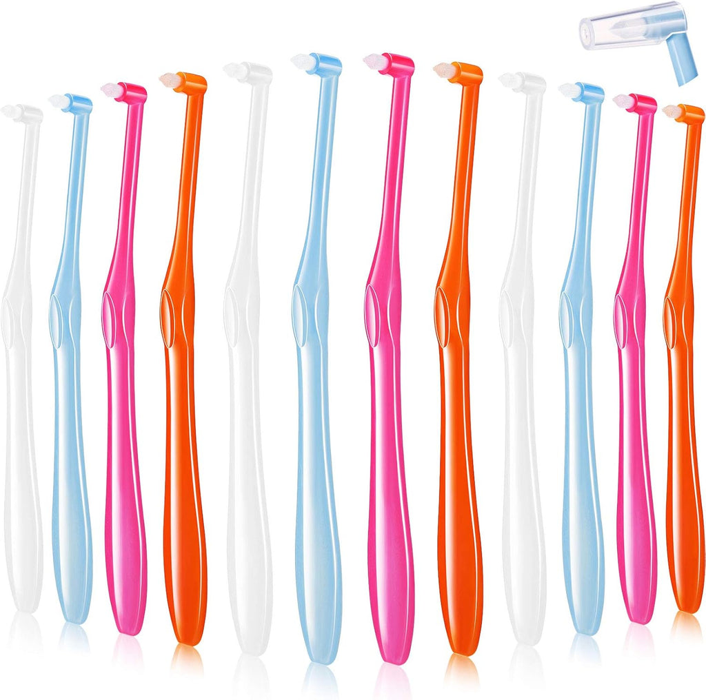 Patelai 12 Pcs End Tuft Toothbrush Soft Interdental Brushes Tooth Stain Remover Trim Toothbrush Single Brush for Implants Teeth Detail Cleaning Supplies(Orange, Rose Red, White and Blue)