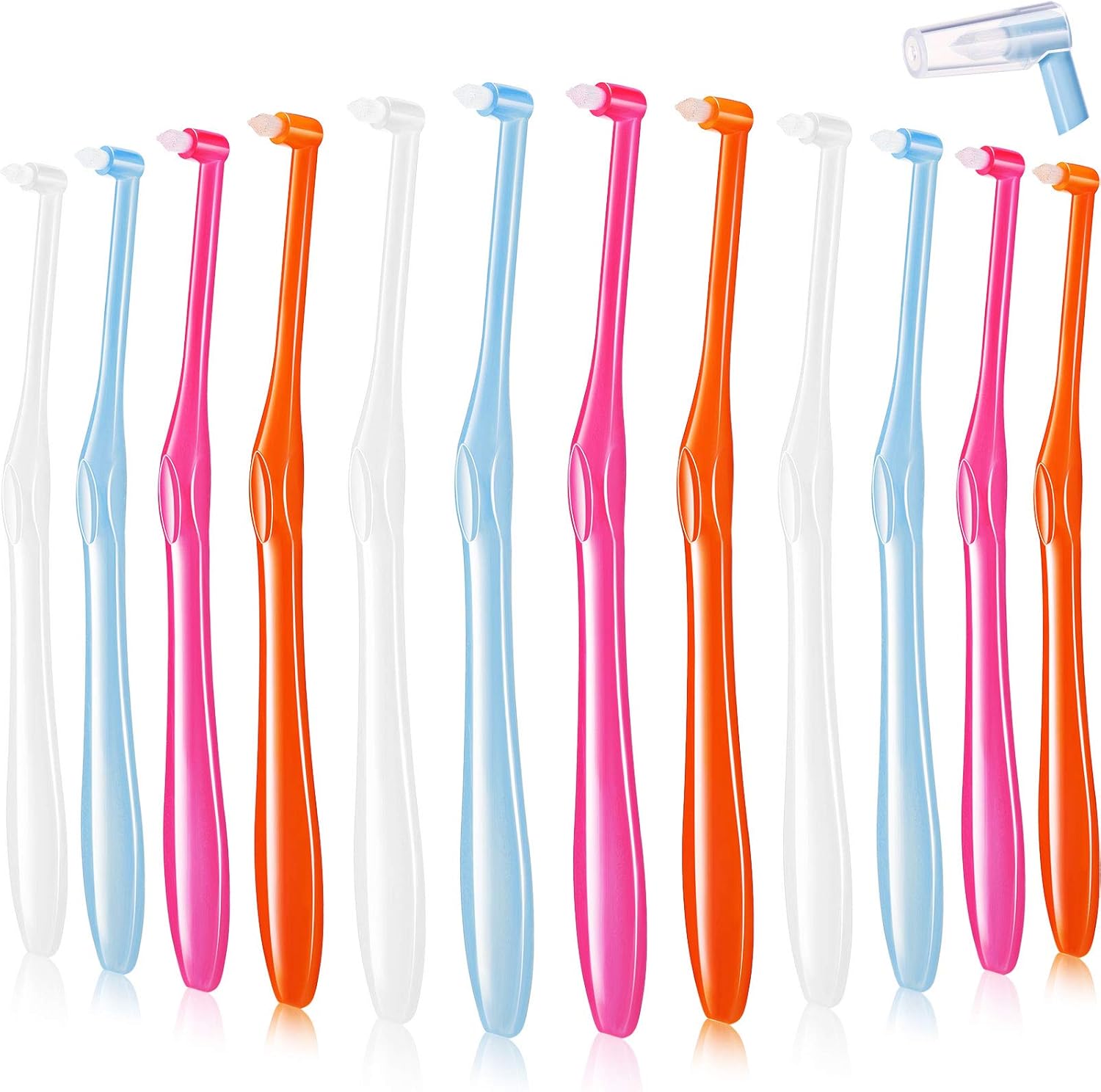 Patelai 12 Pcs End Tuft Toothbrush Soft Interdental Brushes Tooth Stain Remover Trim Toothbrush Single Brush for Implants Teeth Detail Cleaning Supplies(Orange, Rose Red, White and Blue)