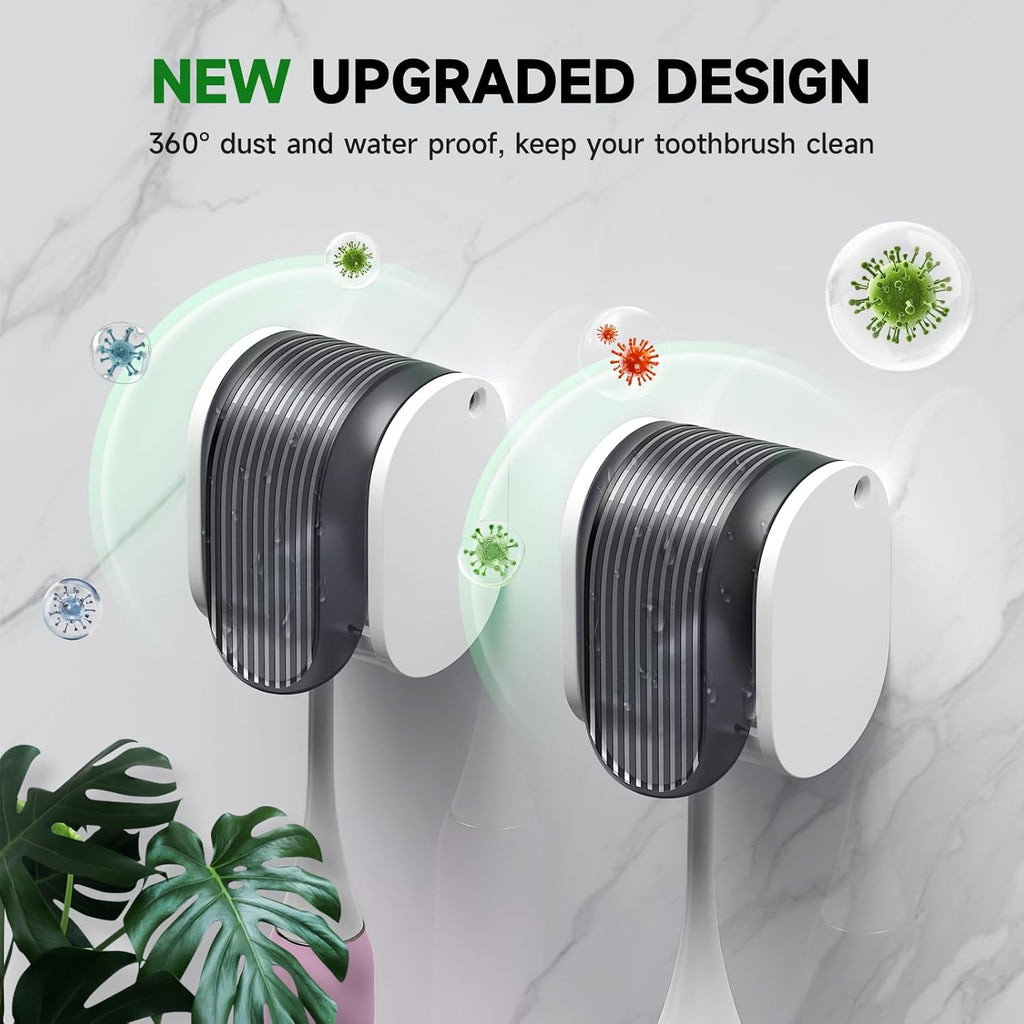 2 Pcs Toothbrush Holders Wall Mounted, Single Slot Design, Shower Self Adhesive Wall Mounted Toothbrush Holder with Cover, Waterproof and Dustproof, Suitable for Bathroom, Family, Travel (Grey)