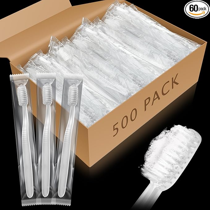 Tioncy 500 Pack Prepasted Disposable Toothbrushes Individual Wrapped Toothbrushes Soft Bristle Travel Toothbrush Single Use Wrapped for Hotel, Camp, Travel and Gift for The Homeless