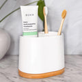 DAILY RITMO® Large Toothbrush Holder for Bathrooms with Bamboo Base | Modern 3 Slots Compartment White Ceramic Marble Like Toothpaste Cup for Electric and Kids Tooth Brushes