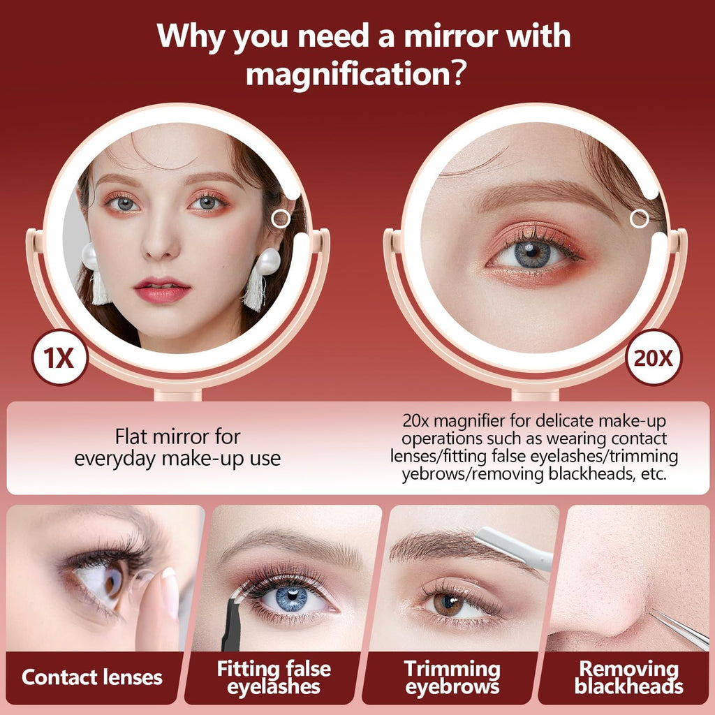 MIYADIVA Makeup Mirror with Lights,20X Magnifying Mirror with Light and Touch Switch,Vanity Mirror with 3 Color Light and 80 LEDs,2-Sided Lighted Magnified Mirrors 8.8 Inches, Pink