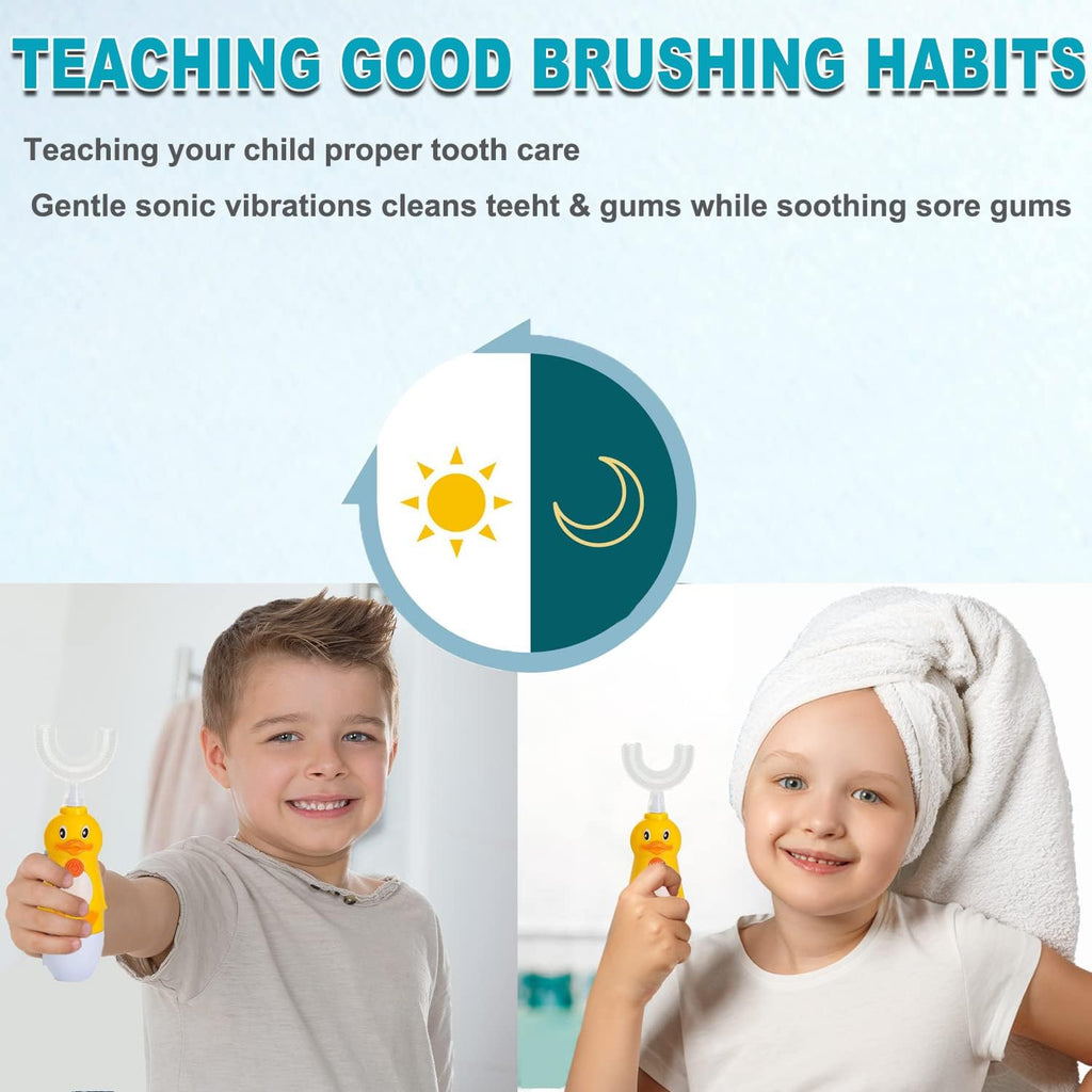 Kids Electric Toothbrush, U-Shaped Automatic Toothbrush,360° Cleaning with Three Types of Brush Heads,Large for 7-12 Years,Cartoon Modeling,Yellow,1 Pack