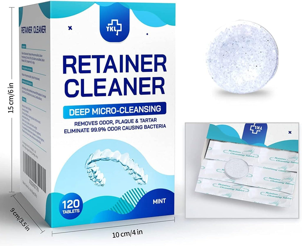 Y-Kelin Retainer and Denture Cleaner 120 Tablets for 4 Months Removes Stains Plaque Odors for Dentures Retainers Mouth Guard and Removable Dental Appliances (120 PCS, Mint)