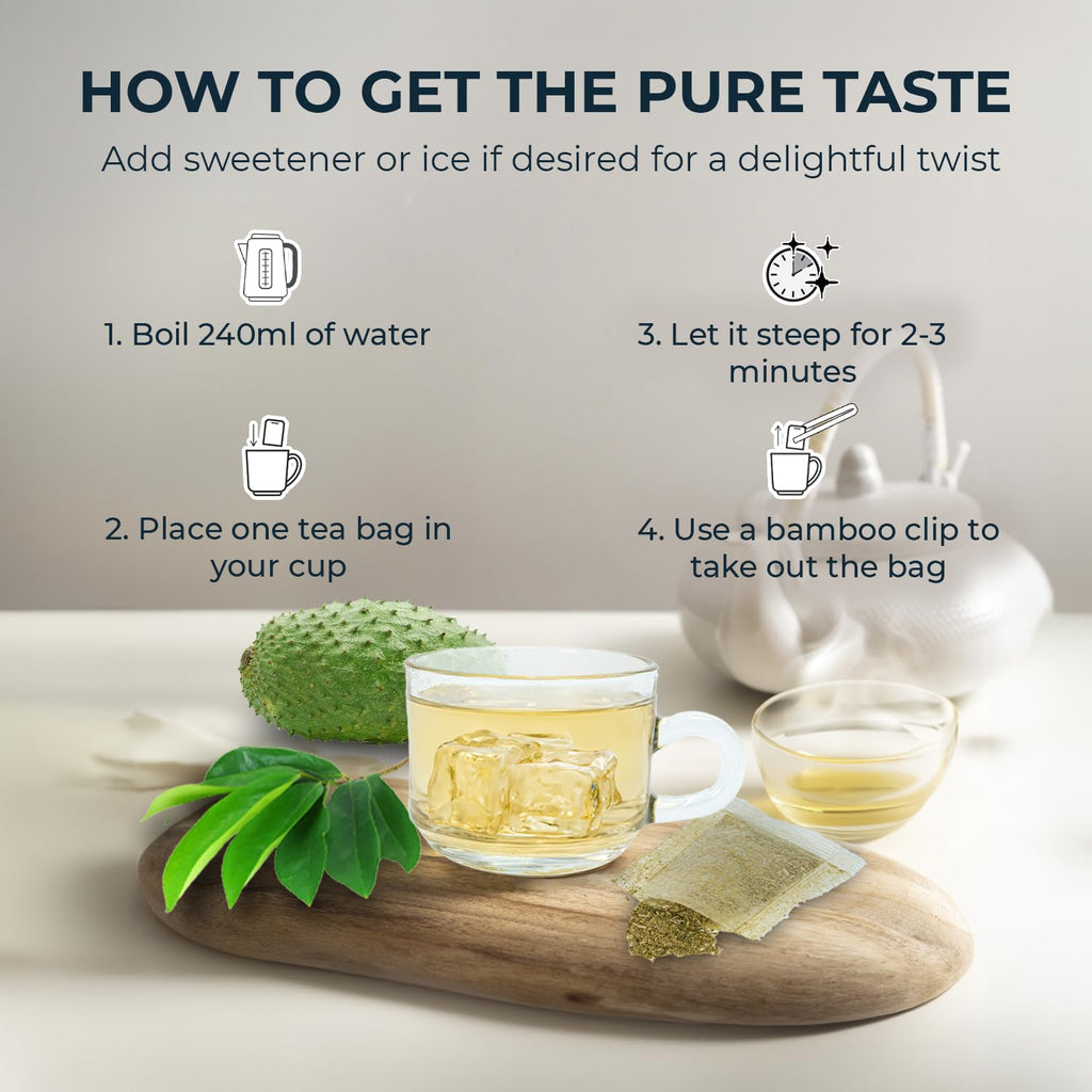 Soursop Graviola Leaf Tea Bags, 90 Count, Bamboo Tong Included, No Sugar Added, No Caffeine, Hoja De Guanabana, Re-Steep Morning Herbal Detox Tea for Relax, Refreshing & Pure Taste