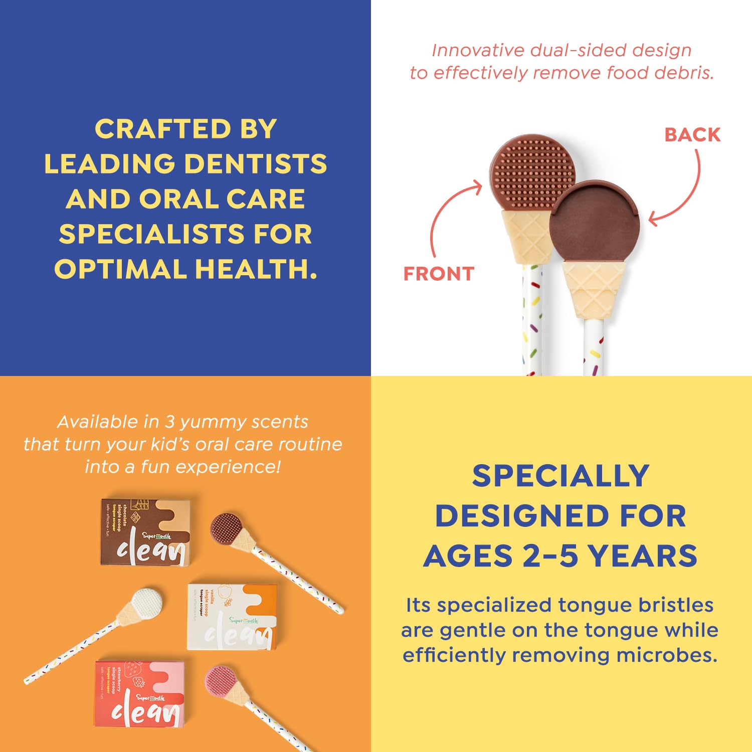 SuperMouth® Single Scoop Tongue Scraper for Toddlers & Kids Ages 2-5 – Dual-Sided Brush & Scraper Removes Odor-Causing Buildup, Fights Bad Breath, Gentle Easy-Grip Design, 3 Scents, Early Oral Care