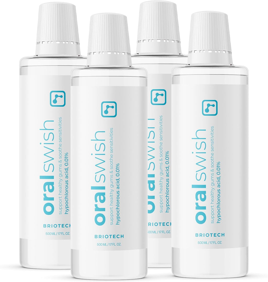 BRIOTECH Oral Swish, Hypochlorous Acid Mouthwash Rinse, Gentle Oral Care Hygiene, Fight Bad Breath, Support Against Plaque, Gum Irritation & Tender Gums, Alcohol & Fluoride Free, 17 fl oz (4 Pack)