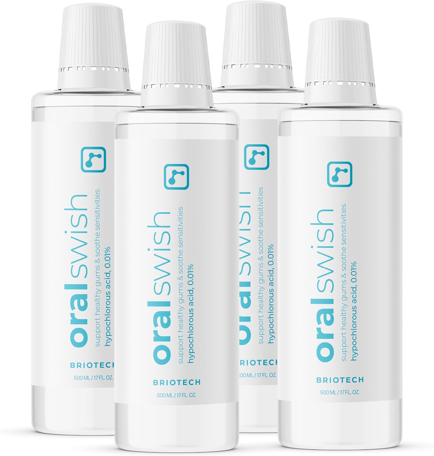 BRIOTECH Oral Swish, Hypochlorous Acid Mouthwash Rinse, Gentle Oral Care Hygiene, Fight Bad Breath, Support Against Plaque, Gum Irritation & Tender Gums, Alcohol & Fluoride Free, 17 fl oz (4 Pack)