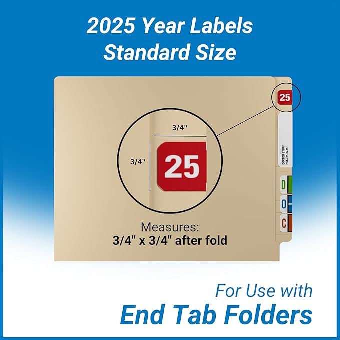 2025 Year Labels, Doctor Stuff 2025 Chart Stickers, Red Color Coded, Medical Arts Press Style, USA Made Year Labels for End Tab File Folders, 500/Roll, 1 Roll, 3/4" x 1-1/2"